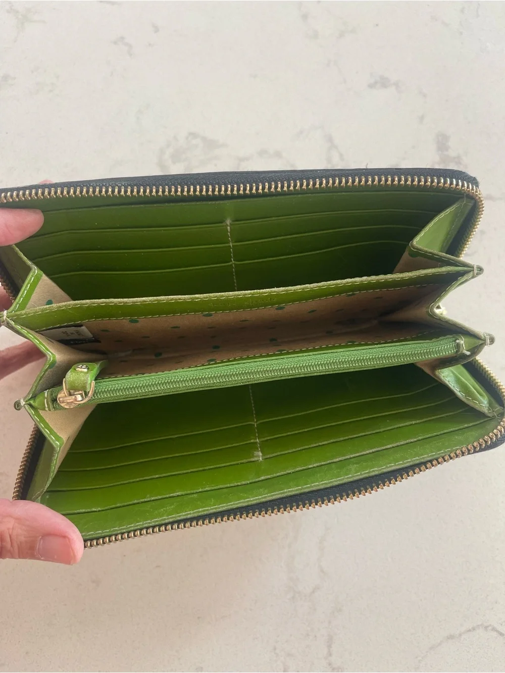 Kate Spade New York Black Leather Zip Around Continental Wallet Green Interior